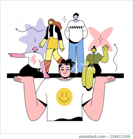 Vector illustration depicting a group of diverse cartoon characters positioned on a large platform held by a smiling individual. Features vibrant colors and dynamic poses. Vector illustration depicting a group of diverse cartoon characters positioned on a large platform held by a smiling individual. Features vibrant colors and dynamic poses. 138411509