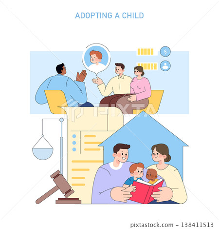 Vector illustration of a family involved in an adoption process during a meeting with an advisor. This image depicts a supportive environment highlighting family bonding and adoption paperwork. 138411513