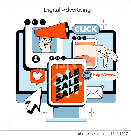 Digital advertising vector illustration showcasing online sale elements with icons like megaphone, hand clicking, and messaging. Ideal for marketing, social media, and e-commerce visuals. Digital advertising vector illustration showcasing online sale elements with icons like megaphone, hand clicking, and messaging. Ideal for marketing, social media, and e-commerce visuals. 138411527