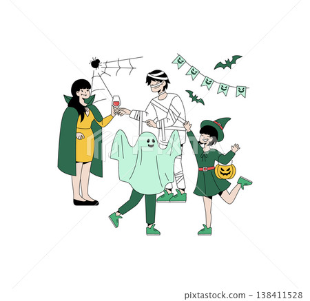 Vector illustration of a lively Halloween party with people in costumes. A ghost, witch, vampire, and mummy are enjoying the festive atmosphere with smiles and decorations. 138411528