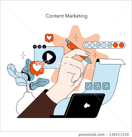 Vector illustration depicting a hand holding a pen, surrounded by content marketing elements such as social media icons, checklists, and a laptop, symbolizing content creation strategies. 138411530