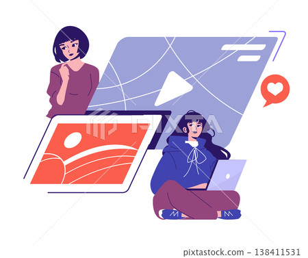 Vector illustration depicting two individuals engaging with digital media content. The scene includes elements like a tablet and a laptop, symbolizing connectivity and creativity. 138411531