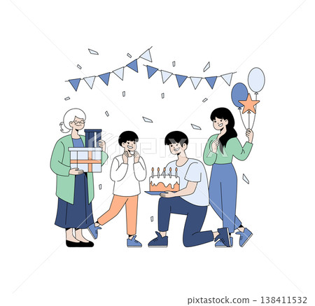 Vector illustration of a joyful birthday celebration with family members gathered around a cake. One person holds balloons, another holds gifts, and everyone displays happiness and excitement. Vector illustration of a joyful birthday celebration with family members gathered around a cake. One person holds balloons, another holds gifts, and everyone displays happiness and excitement. 138411532