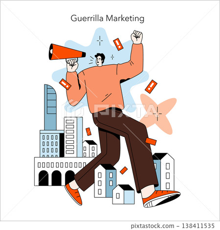 Vector illustration of a person enthusiastically using a megaphone for guerrilla marketing in a cityscape. Dynamic pose signifies excitement and engagement in promotional activities. Vector illustration of a person enthusiastically using a megaphone for guerrilla marketing in a cityscape. Dynamic pose signifies excitement and engagement in promotional activities. 138411535