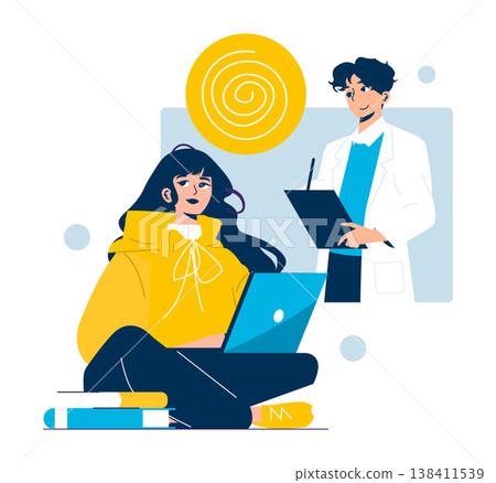 Vector illustration of a student engaging with a tutor during a session. The scene captures learning interaction, with a focused student using a laptop and books, while the tutor provides guidance. 138411539
