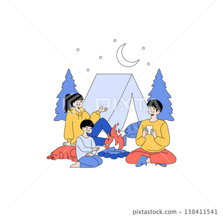 Family enjoys camping by a campfire under the moonlight surrounded by trees. They sit happily roasting marshmallows, creating a warm and joyful outdoor experience. Vector illustration. Family enjoys camping by a campfire under the moonlight surrounded by trees. They sit happily roasting marshmallows, creating a warm and joyful outdoor experience. Vector illustration. 138411541