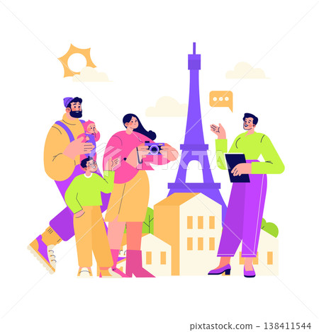 Vector illustration of a family on a guided tour near the Eiffel Tower. Parents with children engage with a tour guide while capturing memories, showcasing a shared travel experience. Vector illustration of a family on a guided tour near the Eiffel Tower. Parents with children engage with a tour guide while capturing memories, showcasing a shared travel experience. 138411544