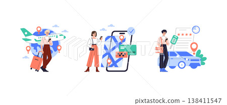Travel-themed vector illustrations featuring individuals with travel elements like airplanes, maps, and cars. Depicts travel planning, online booking, and global journey concepts. Travel-themed vector illustrations featuring individuals with travel elements like airplanes, maps, and cars. Depicts travel planning, online booking, and global journey concepts. 138411547
