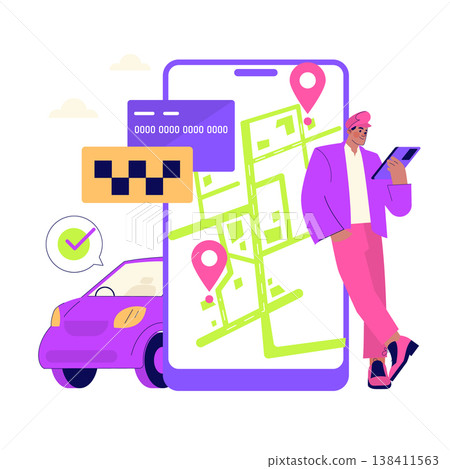 Vector illustration of a man using a ride-sharing app on a smartphone. The colorful graphic includes a car, map, and credit card, highlighting modern transportation technology. Vector illustration of a man using a ride-sharing app on a smartphone. The colorful graphic includes a car, map, and credit card, highlighting modern transportation technology. 138411563
