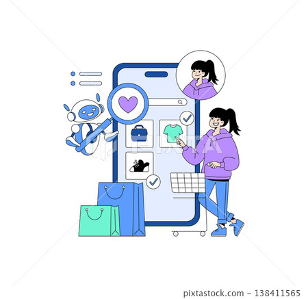 Vector illustration showing a person using a robot assistant for online shopping on a smartphone. The scene features a shopping app interface, bags, and an enthusiastic shopper. Vector illustration showing a person using a robot assistant for online shopping on a smartphone. The scene features a shopping app interface, bags, and an enthusiastic shopper. 138411565