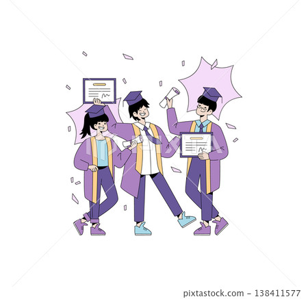 Vector illustration of three happy graduates wearing caps and gowns, joyfully celebrating their academic achievement with diplomas and certificates in hand, expressing excitement and pride. 138411577