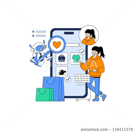 Vector illustration showing a person shopping online using a smartphone with AI assistance. A friendly robot interacts with her, aiding in selecting products from the app. Vector illustration showing a person shopping online using a smartphone with AI assistance. A friendly robot interacts with her, aiding in selecting products from the app. 138411579