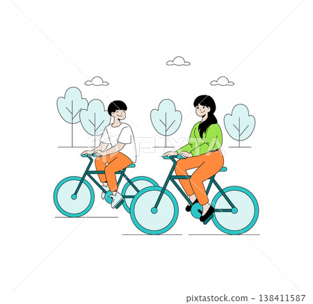 Vector illustration of two people happily riding bicycles through a park. Both cyclists are smiling while pedaling along a scenic pathway lined with trees, enjoying a leisurely ride. Vector illustration of two people happily riding bicycles through a park. Both cyclists are smiling while pedaling along a scenic pathway lined with trees, enjoying a leisurely ride. 138411587