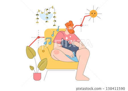 A man sits on a comfortable chair holding a cat, surrounded by calming elements like plants and music notes. The illustration conveys a peaceful, homely atmosphere. 138411590