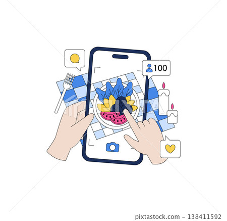 Hands take a photo of a colorful fruit plate with a smartphone. Social media icons indicate likes and comments. This vector illustration highlights digital interaction with food. 138411592