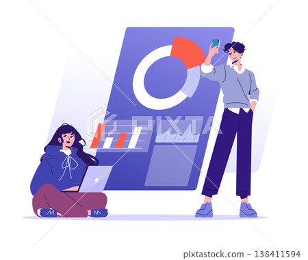 Vector illustration of two people using technology to analyze data. One is sitting with a laptop, the other standing and holding a smartphone. Large graphs displayed in the background. 138411594