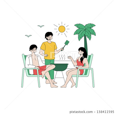 Vector illustration of three friends hosting a backyard barbecue with palm trees and a sunny sky. The group enjoys a relaxed atmosphere, smiling and engaging by the grill. 138411595
