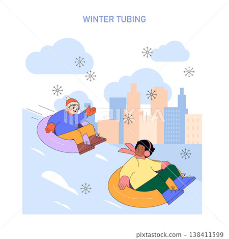 Colorful vector illustration showing two people enjoying a winter tubing adventure down a snowy hill against a city backdrop. Snowflakes and laughter capture the festive winter spirit. Colorful vector illustration showing two people enjoying a winter tubing adventure down a snowy hill against a city backdrop. Snowflakes and laughter capture the festive winter spirit. 138411599