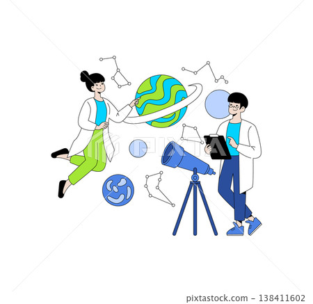 Vector illustration of scientists engaging in an astronomy discussion with a telescope. The scene includes planetary graphics, emphasizing scientific exploration and teamwork in space studies. Vector illustration of scientists engaging in an astronomy discussion with a telescope. The scene includes planetary graphics, emphasizing scientific exploration and teamwork in space studies. 138411602