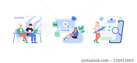 Vector illustration showing people learning online and collaborating. Individuals using digital tools, laptops, and discussing in a modern educational environment, emphasizing teamwork and technology. 138411603