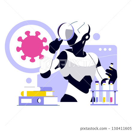Futuristic robot examines virus through a magnifying glass with test tubes in the background, highlighting scientific research and technology. Vector illustration emphasizing AI in healthcare. Futuristic robot examines virus through a magnifying glass with test tubes in the background, highlighting scientific research and technology. Vector illustration emphasizing AI in healthcare. 138411605