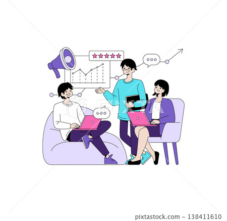 Vector illustration depicting three people in a collaborative meeting, discussing data using laptops. Visible elements include a graph, ratings, and communication icons conveying teamwork and analysis 138411610