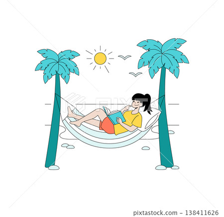 Vector illustration of a woman relaxing on a hammock between palm trees, reading a book under the sun. The scene captures leisure, tranquility, and the joy of reading outdoors. 138411626