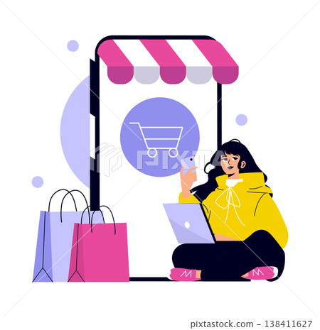 Vector illustration of a woman shopping online with a smartphone, surrounded by shopping bags and a laptop. The large smartphone screen shows a shopping cart icon, emphasizing digital purchases. Vector illustration of a woman shopping online with a smartphone, surrounded by shopping bags and a laptop. The large smartphone screen shows a shopping cart icon, emphasizing digital purchases. 138411627