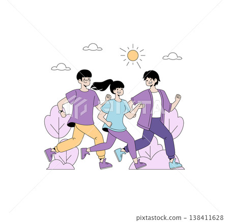 Vector illustration of three people running together outdoors, expressing joy and energy. They are surrounded by nature, enjoying a sunny day, and showcasing lively movement. Vector illustration of three people running together outdoors, expressing joy and energy. They are surrounded by nature, enjoying a sunny day, and showcasing lively movement. 138411628