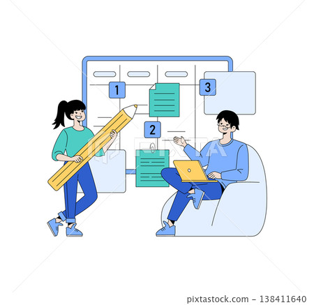 Vector illustration depicting two people engaged in workflow planning. One person holds a giant pencil, while the other types on a laptop, discussing tasks on a digital board. Vector illustration depicting two people engaged in workflow planning. One person holds a giant pencil, while the other types on a laptop, discussing tasks on a digital board. 138411640