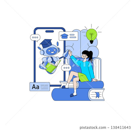 Vector illustration of a smiling student high-fiving an AI tutor on a mobile screen. The scene represents interactive online learning and technology. Books and lightbulbs complement the educational Vector illustration of a smiling student high-fiving an AI tutor on a mobile screen. The scene represents interactive online learning and technology. Books and lightbulbs complement the educational 138411643