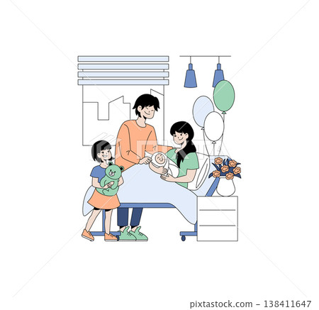Family with joyful expressions gathered in a hospital room celebrating the arrival of a newborn. Parents smile warmly, child holds a toy, colorful balloons and flowers decorate the room. Vector 138411647