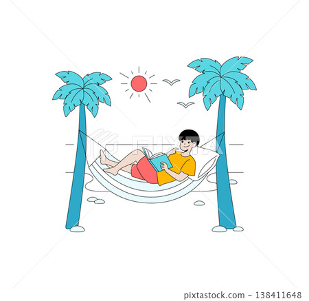 Person relaxing in a hammock, reading a book under palm trees, enjoying a sunny day. This vector illustration depicts a peaceful and leisurely moment in a tropical setting. 138411648