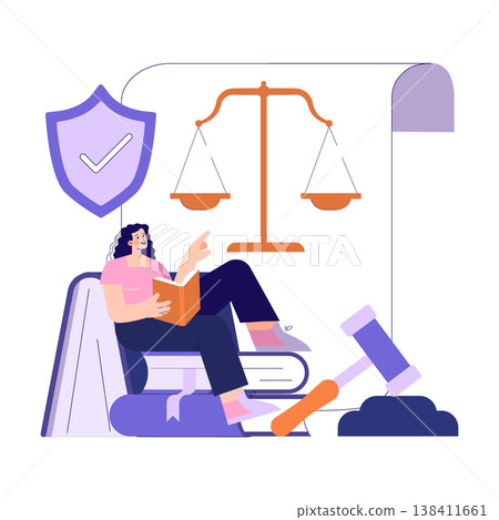 Vector illustration of a woman reading a book about law while surrounded by legal symbols such as scales and a gavel, representing justice and legal education. 138411661