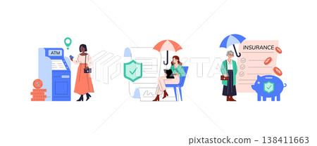 Vector illustration depicting financial services including ATM usage, document review, and insurance protection. Ideal for finance, banking, and insurance themes. Vector illustration depicting financial services including ATM usage, document review, and insurance protection. Ideal for finance, banking, and insurance themes. 138411663