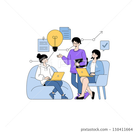 Vector illustration of three people engaged in a collaborative meeting. Two sitting with laptops, one standing with a tablet, discussing ideas with a light bulb icon symbolizing creativity. Vector illustration of three people engaged in a collaborative meeting. Two sitting with laptops, one standing with a tablet, discussing ideas with a light bulb icon symbolizing creativity. 138411664