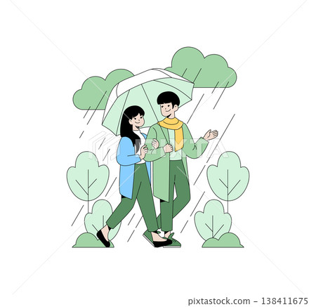 Cheerful couple enjoys a rainy day walk under a shared umbrella in this vector illustration. Surrounded by foliage and raindrops, they exhibit warmth and affection, conveying a sense of togetherness. Cheerful couple enjoys a rainy day walk under a shared umbrella in this vector illustration. Surrounded by foliage and raindrops, they exhibit warmth and affection, conveying a sense of togetherness. 138411675