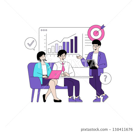 Business meeting vector illustration with three people reviewing growth charts on a presentation board. The team discusses company progress while displaying collaborative teamwork. Business meeting vector illustration with three people reviewing growth charts on a presentation board. The team discusses company progress while displaying collaborative teamwork. 138411676