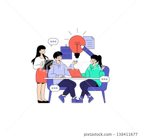 Group of young people brainstorming and sharing ideas at a table, depicting teamwork and creativity. Vector illustration highlighting collaboration and learning in a casual setting. Group of young people brainstorming and sharing ideas at a table, depicting teamwork and creativity. Vector illustration highlighting collaboration and learning in a casual setting. 138411677