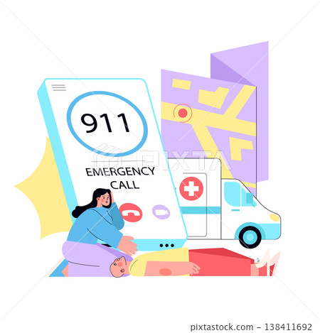 Vector illustration depicting a woman making an emergency 911 call beside an unconscious person. The scene includes an ambulance and map, highlighting urgency and response. 138411692