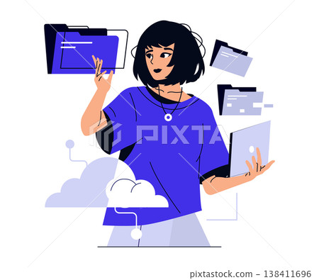 Woman interacts with digital folders and a laptop in a cloud technology theme. Vector illustration emphasizing modern digital data management and efficient online storage solutions. 138411696