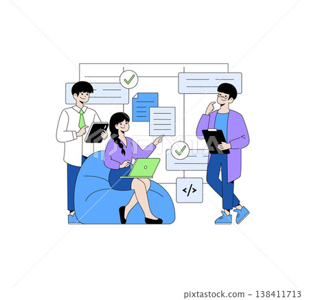 Colleagues collaborate using laptops and tablets, sharing data and ideas effectively. The vector illustration depicts teamwork and communication among three people working on a project. Colleagues collaborate using laptops and tablets, sharing data and ideas effectively. The vector illustration depicts teamwork and communication among three people working on a project. 138411713