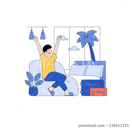 Vector illustration of a man stretching his arms in a modern living room. He is seated on a comfortable sofa with a suitcase nearby, enjoying a relaxed and peaceful moment. 138411725
