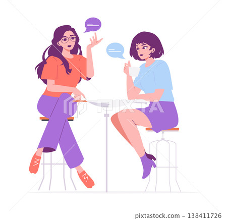 Two women engage in a casual conversation over coffee, seated at a cafe table. One gestures while speaking, the other listens attentively, creating a friendly and relaxed atmosphere. Vector Two women engage in a casual conversation over coffee, seated at a cafe table. One gestures while speaking, the other listens attentively, creating a friendly and relaxed atmosphere. Vector 138411726