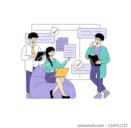 Vector illustration of a group of professionals engaged in a collaborative discussion. One person is presenting, while others listen attentively, holding tablets and notebooks. 138411727