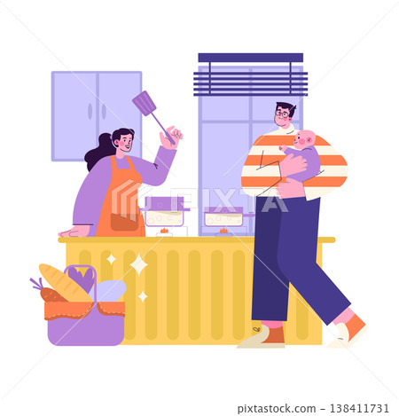 Family spending time together in the kitchen, with one member cooking and the other holding a baby. Warm atmosphere, engaging in a shared meal preparation. Vector illustration. Family spending time together in the kitchen, with one member cooking and the other holding a baby. Warm atmosphere, engaging in a shared meal preparation. Vector illustration. 138411731