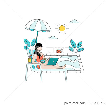 Woman sitting by the pool under an umbrella, using a laptop, and enjoying a drink. Vector illustration depicting remote work and relaxation in a sunny outdoor setting. 138411732
