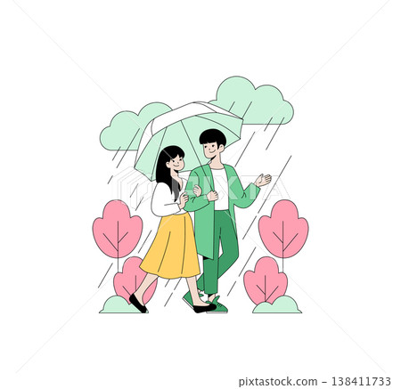 Couple walks under an umbrella on a rainy day, enjoying each other's company. Vector illustration captures romance and joy in pleasant weather with colorful surroundings and smiling faces. 138411733