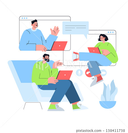 Vector illustration of three people engaging in a virtual meeting using laptops. They appear to be interacting through video conferencing, displaying focus and engagement. Vector illustration of three people engaging in a virtual meeting using laptops. They appear to be interacting through video conferencing, displaying focus and engagement. 138411738