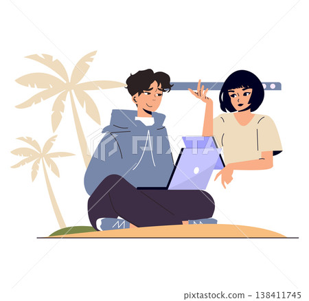 Two friends collaborating on a laptop outdoors, surrounded by palm trees. Vector illustration depicting teamwork and communication in an outdoor setting, emphasizing collaboration and connection. Two friends collaborating on a laptop outdoors, surrounded by palm trees. Vector illustration depicting teamwork and communication in an outdoor setting, emphasizing collaboration and connection. 138411745